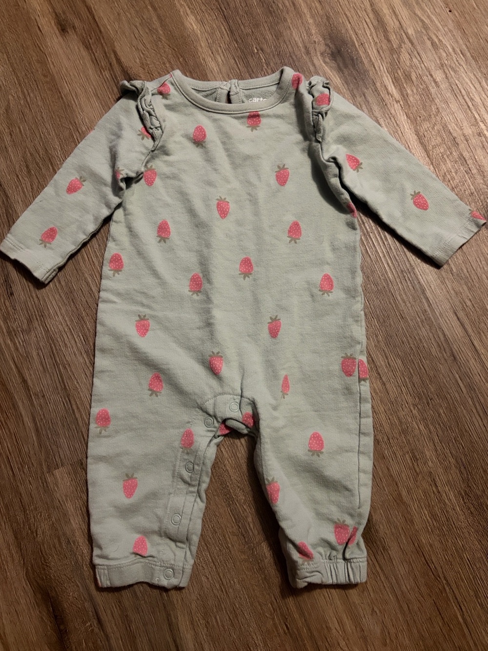 Carter's - Sage Green Long-Sleeve Romper with Strawberry Accents - 6 Months
